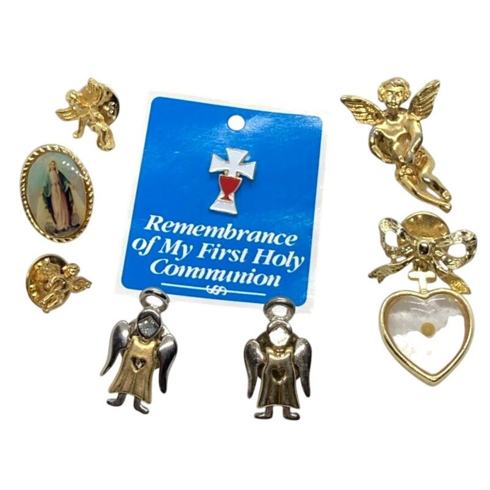 Vintage Lot of 8 Gold Tone Angel Brooch Pin Religious First Communion Cherub